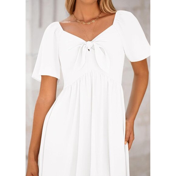🆕Women White Polyester Casual Summer Dress Bow Tie V Neck Ruffle Midi Flowy - Picture 5 of 9